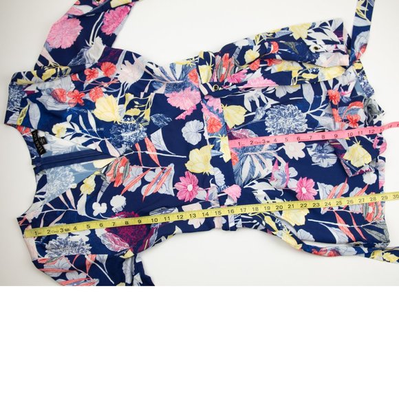 Yumi Kim Liz Floral Romper Tropical V-Neck Belted Vaca Blue Pink Yellow Size XS - Picture 9 of 9